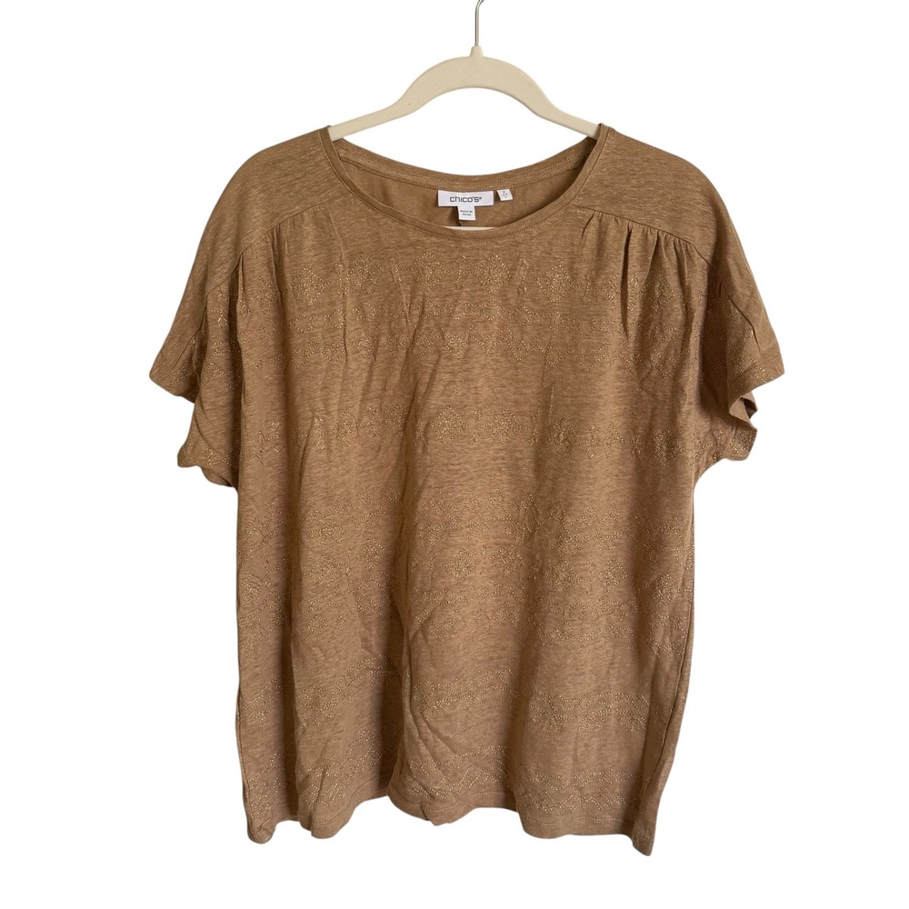 Chicos Tan 100% Linen Metallic Thread Knit Flutter Sleeve Top Size 2 Large